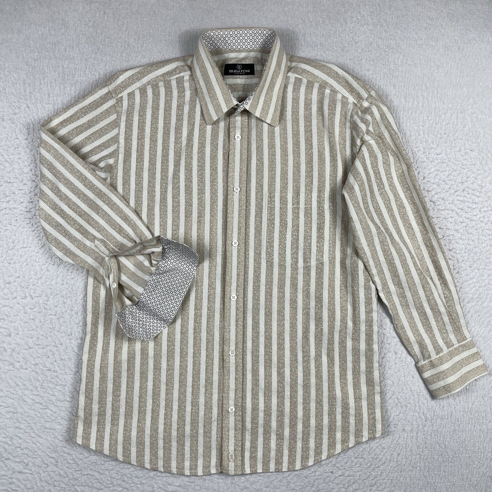 Bugatchi Uomo Shirt Mens XL Beige Striped Floral Flip Cuff Preppy Party Workwear
